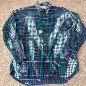 Franklin Flannels Shirt Mens L Blue Plaid Upcycled Distressed Grunge 90s Cabin